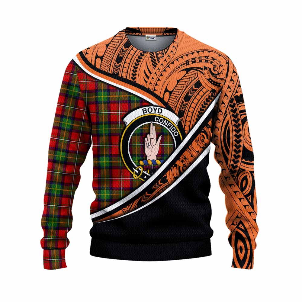 Tartan Vibes Clothing Boyd Crest Tartan Knitted Sweater with Maori Tattoo Style - Orange Version