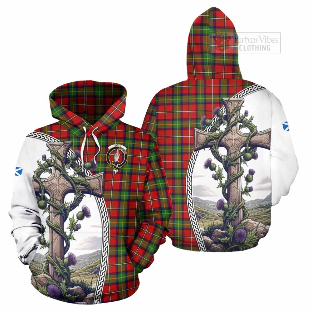 Tartan Vibes Clothing Boyd Tartan Hoodie with Family Crest and St. Andrew's Cross Accented by Thistle Vines