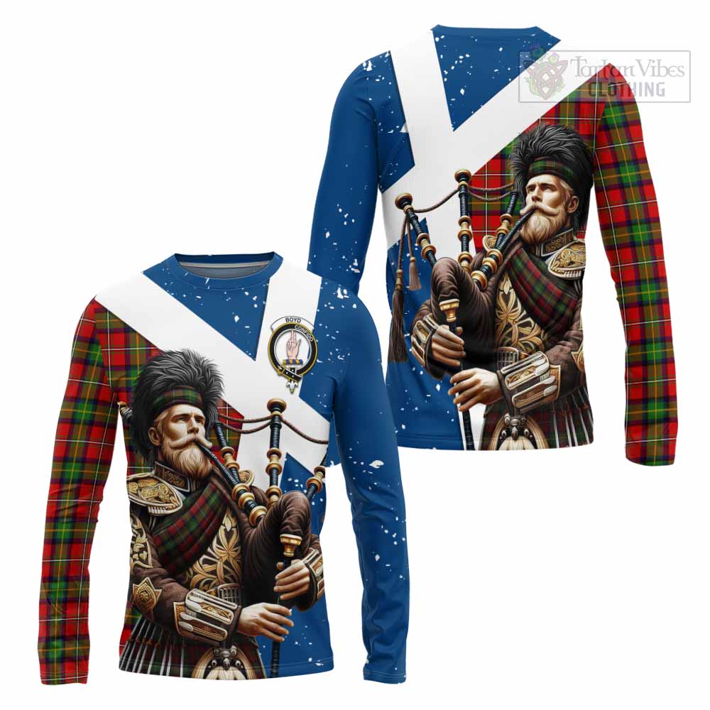 Tartan Vibes Clothing Boyd Tartan Long Sleeve T-Shirt with Family Crest Scottish Bagpiper Vibes