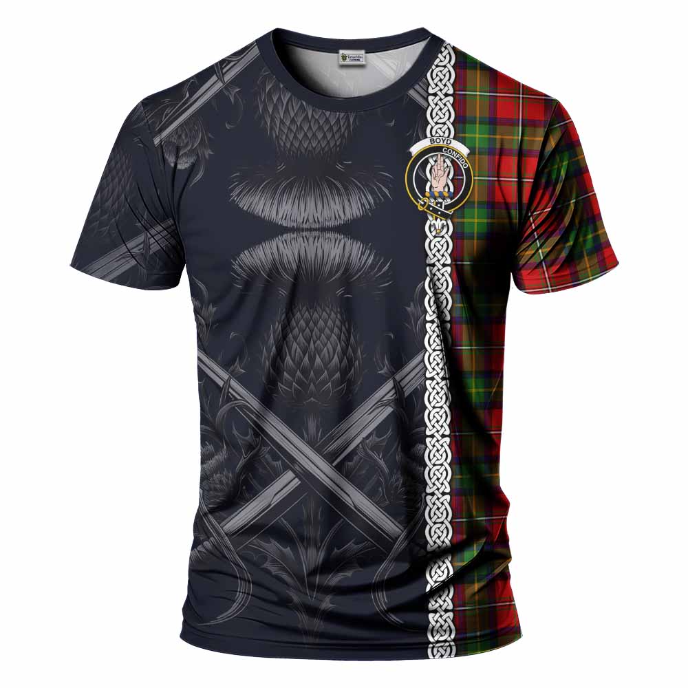 Tartan Vibes Clothing Boyd Tartan T-Shirt with Family Crest Cross Sword Thistle Celtic Vibes