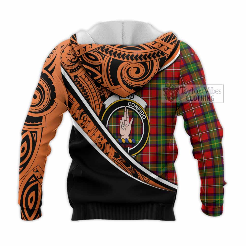 Tartan Vibes Clothing Boyd Crest Tartan Knitted Hoodie with Maori Tattoo Style - Orange Version