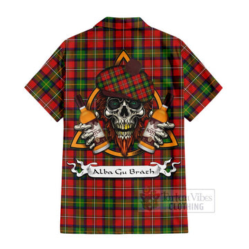 Boyd Tartan Short Sleeve Button Shirt with Family Crest and Bearded Skull Holding Bottles of Whiskey