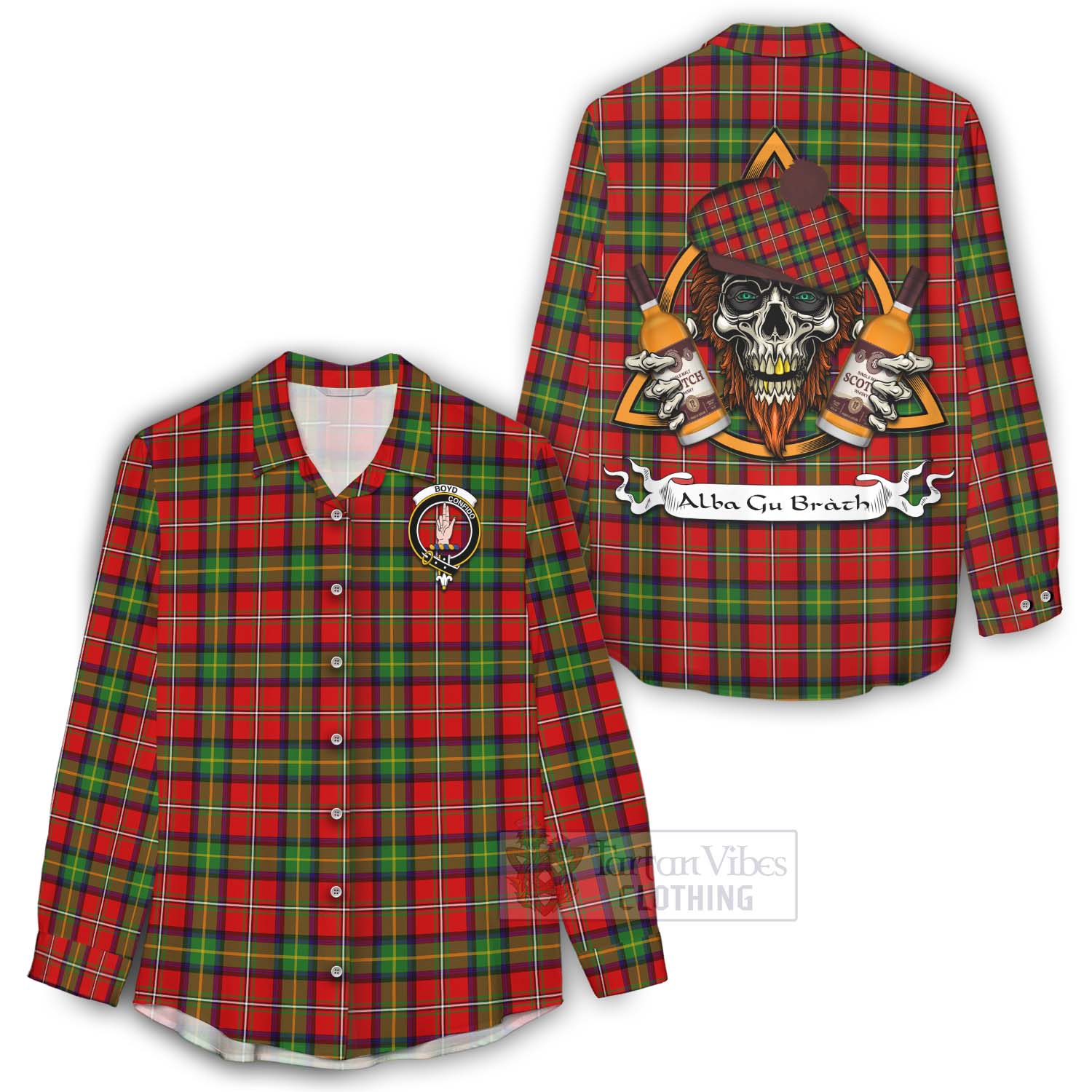 Tartan Vibes Clothing Boyd Tartan Women's Casual Shirt with Family Crest and Bearded Skull Holding Bottles of Whiskey