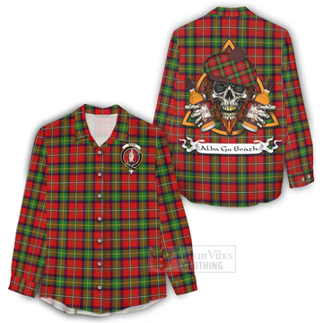 Boyd Tartan Women's Casual Shirt with Family Crest and Bearded Skull Holding Bottles of Whiskey