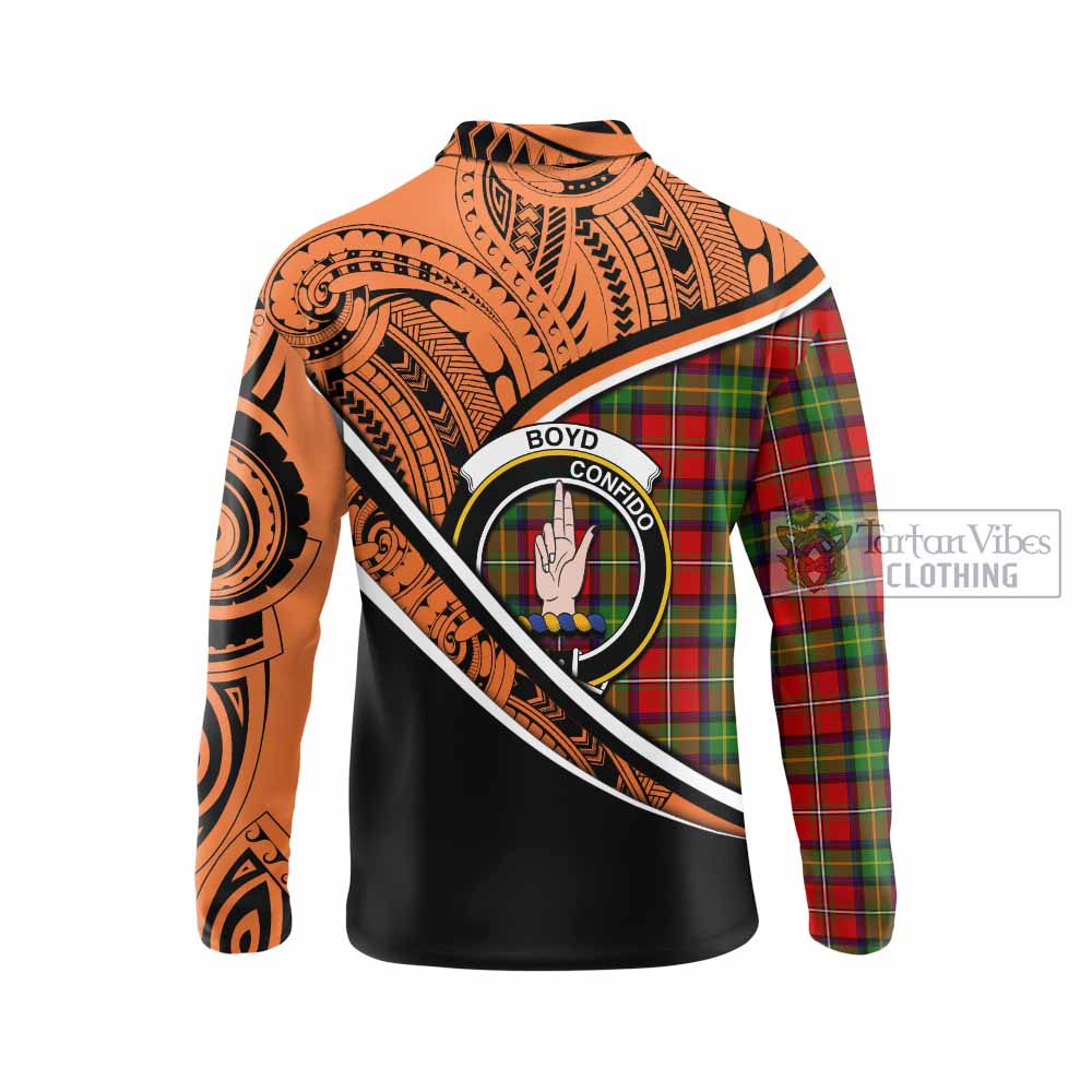 Tartan Vibes Clothing Boyd Crest Tartan Long Sleeve Polo Shirt with Maori Tattoo Style - Orange Version