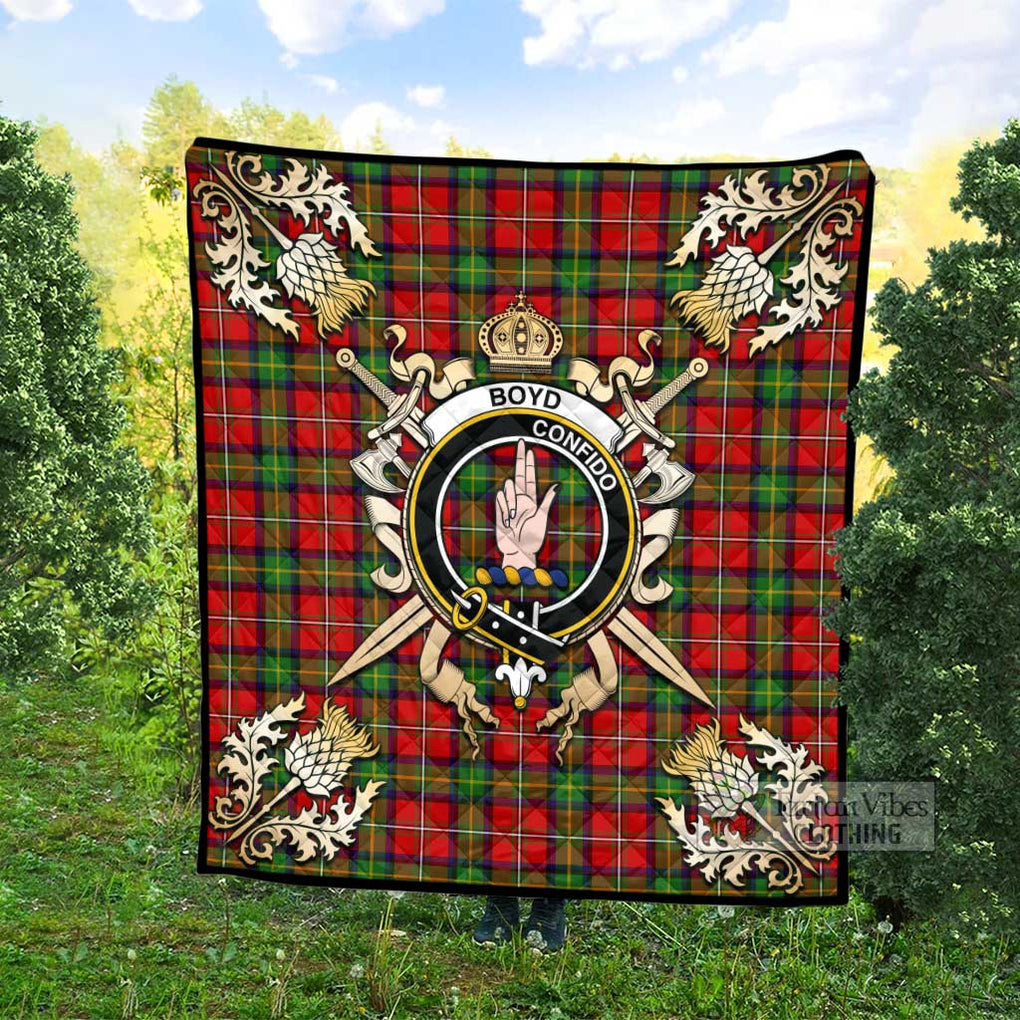 Tartan Vibes Clothing Boyd Tartan Quilt with Family Crest and Scottish Golden Courage Shield