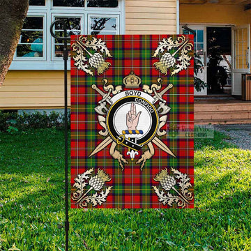 Boyd Tartan Flag with Family Crest and Golden Thistle Crossed Sword Design