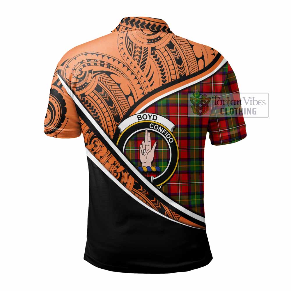 Tartan Vibes Clothing Boyd Crest Tartan Polo Shirt with Maori Tattoo Style - Orange Version