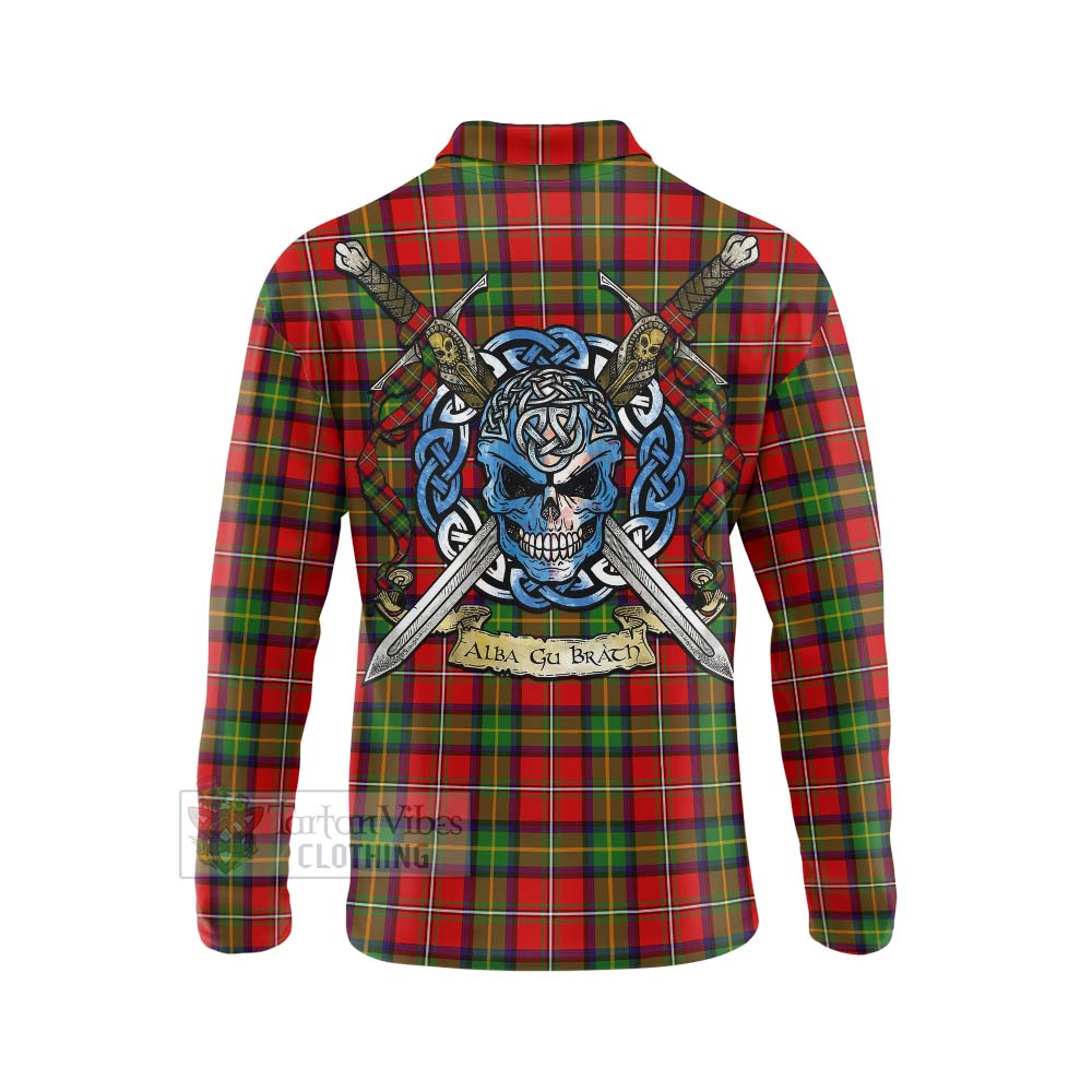 Tartan Vibes Clothing Boyd Tartan Long Sleeve Polo Shirt with Family Crest Celtic Skull Style