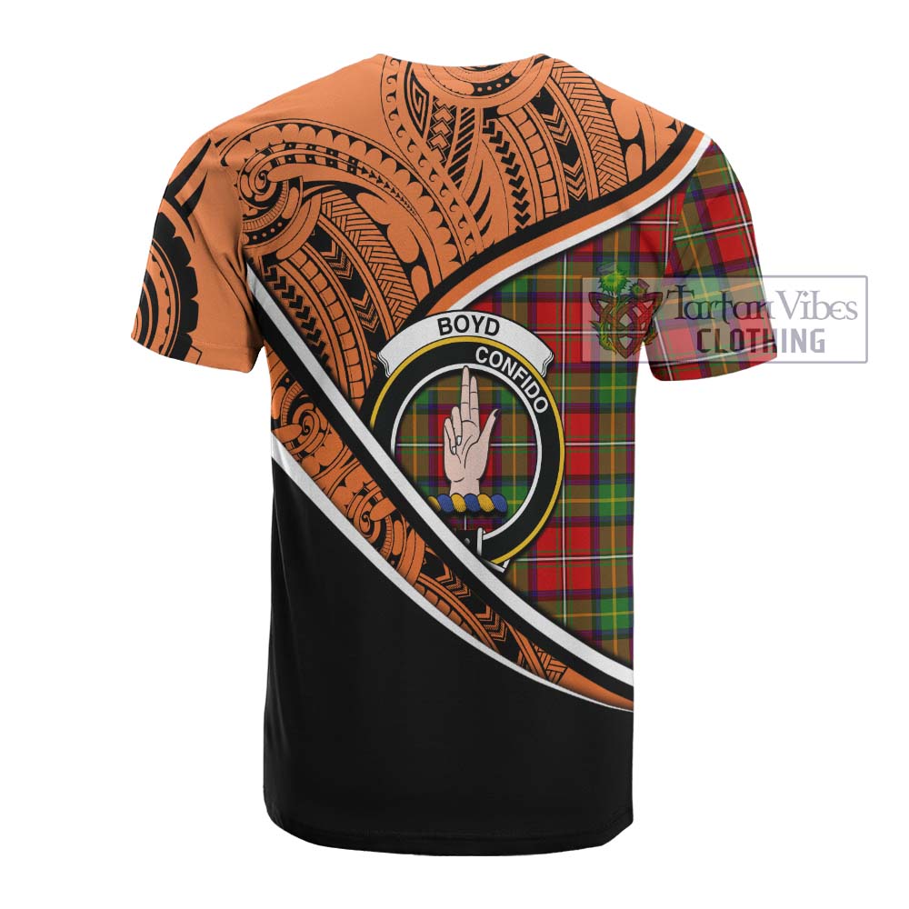 Tartan Vibes Clothing Boyd Crest Tartan Cotton T-shirt with Maori Tattoo Style - Orange Version