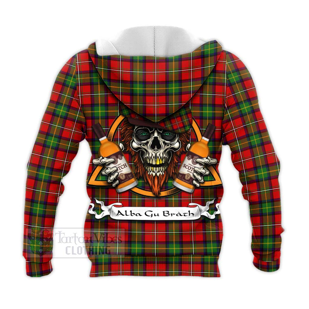 Tartan Vibes Clothing Boyd Tartan Knitted Hoodie with Family Crest and Bearded Skull Holding Bottles of Whiskey