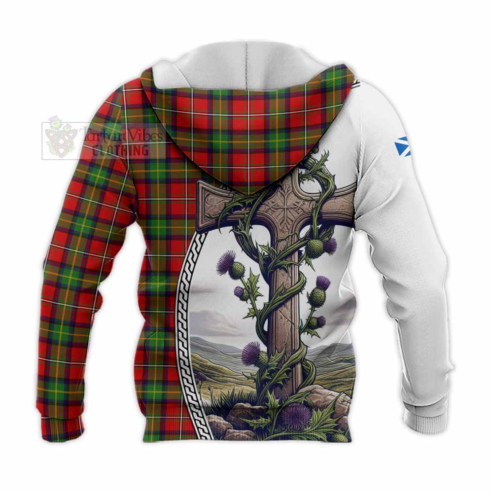 Tartan Vibes Clothing Boyd Tartan Knitted Hoodie with Family Crest and St. Andrew's Cross Accented by Thistle Vines