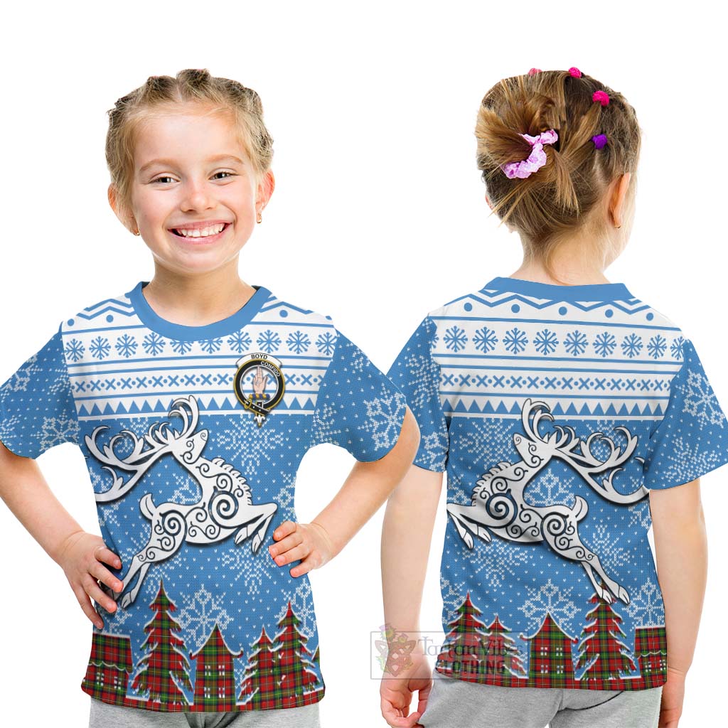 Tartan Vibes Clothing Boyd Clan Christmas Kid T-Shirt Celtic Reindeer Style