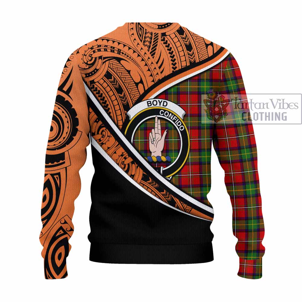 Tartan Vibes Clothing Boyd Crest Tartan Knitted Sweater with Maori Tattoo Style - Orange Version