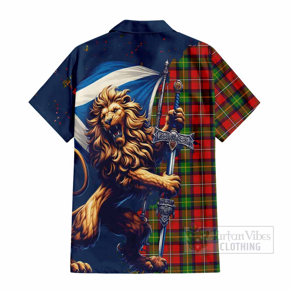 Tartan Vibes Clothing Boyd Tartan Family Crest Short Sleeve Button Shirt with Scottish Majestic Lion