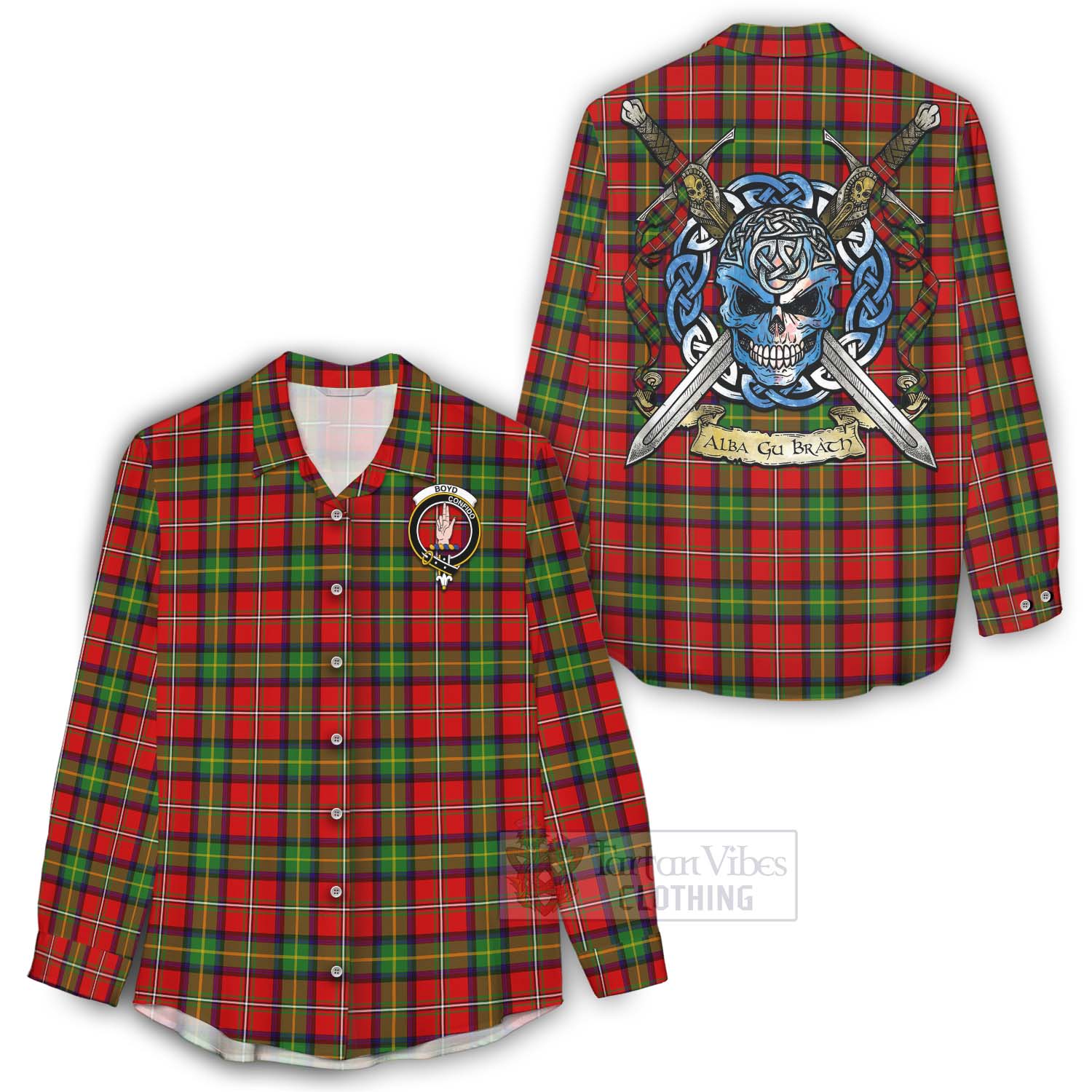 Tartan Vibes Clothing Boyd Tartan Women's Casual Shirt with Family Crest Celtic Skull Style