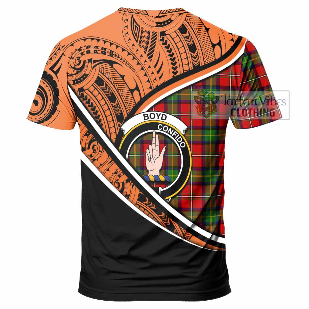 Tartan Vibes Clothing Boyd Crest Tartan T-Shirt with Maori Tattoo Style - Orange Version