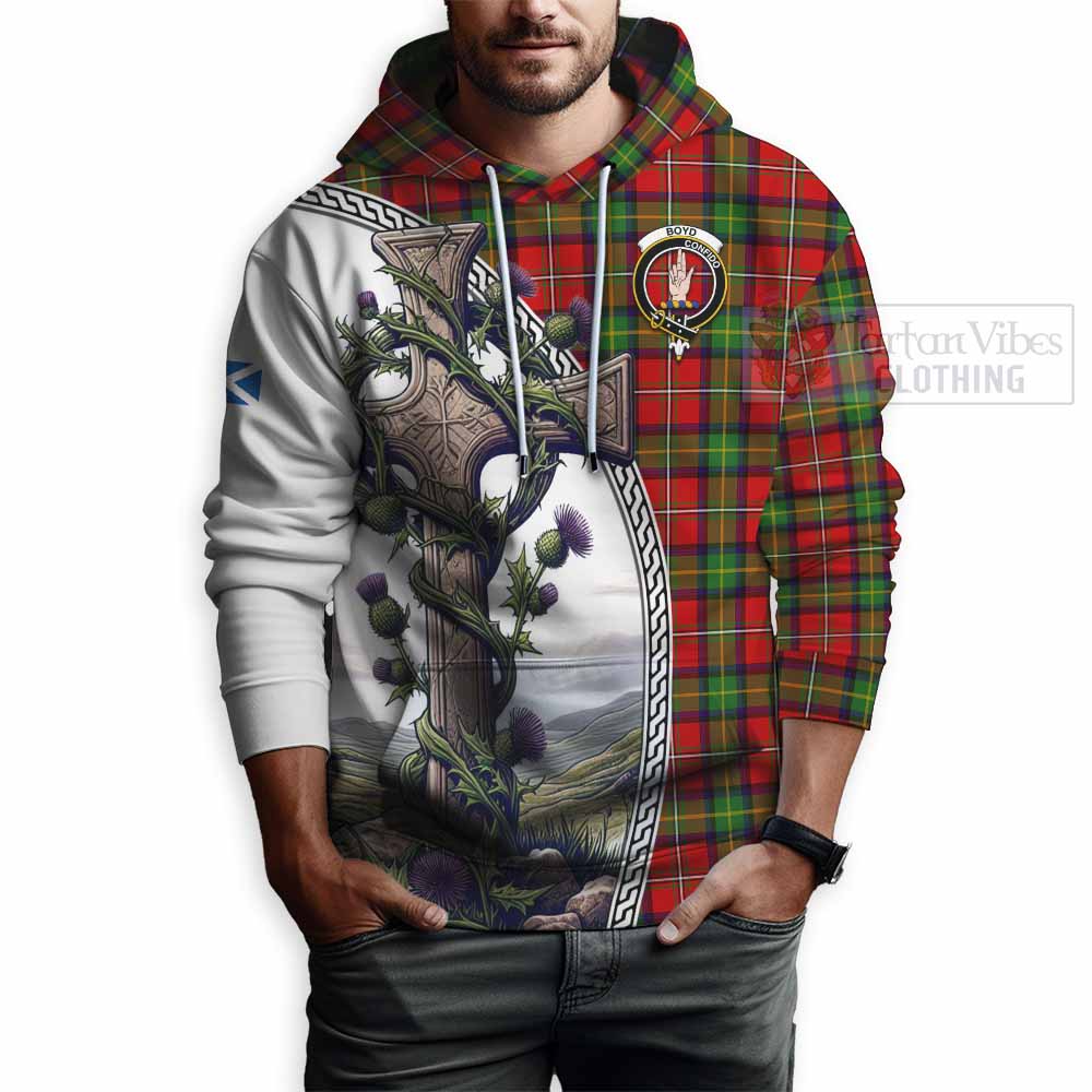 Tartan Vibes Clothing Boyd Tartan Hoodie with Family Crest and St. Andrew's Cross Accented by Thistle Vines