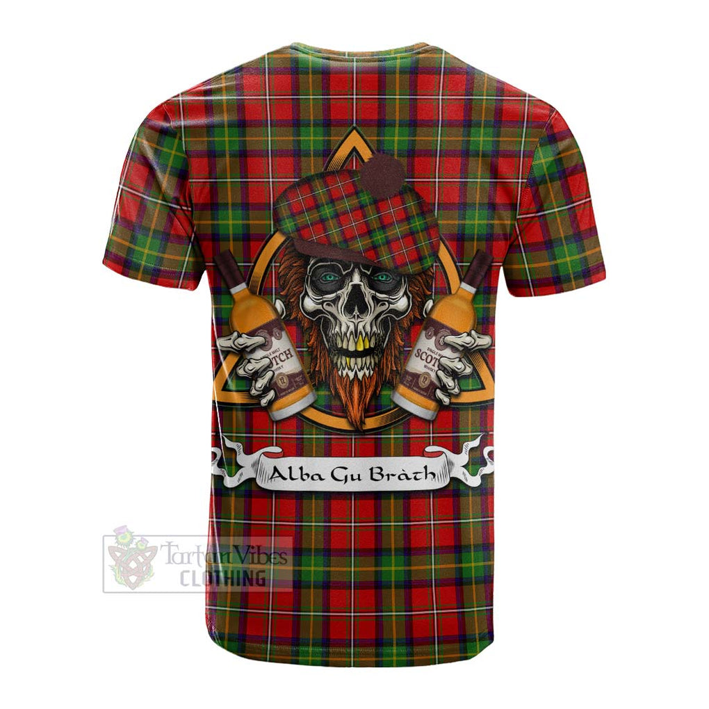 Tartan Vibes Clothing Boyd Tartan Cotton T-shirt with Family Crest and Bearded Skull Holding Bottles of Whiskey