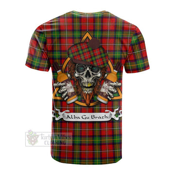 Boyd Tartan Cotton T-shirt with Family Crest and Bearded Skull Holding Bottles of Whiskey