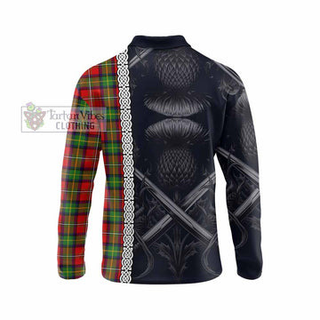 Boyd Tartan Long Sleeve Polo Shirt with Family Crest Cross Sword Thistle Celtic Vibes