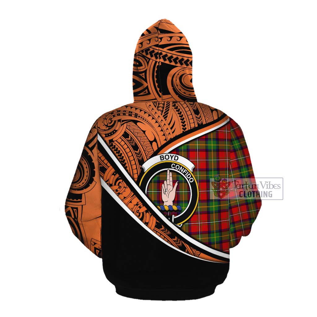 Tartan Vibes Clothing Boyd Crest Tartan Cotton Hoodie with Maori Tattoo Style - Orange Version