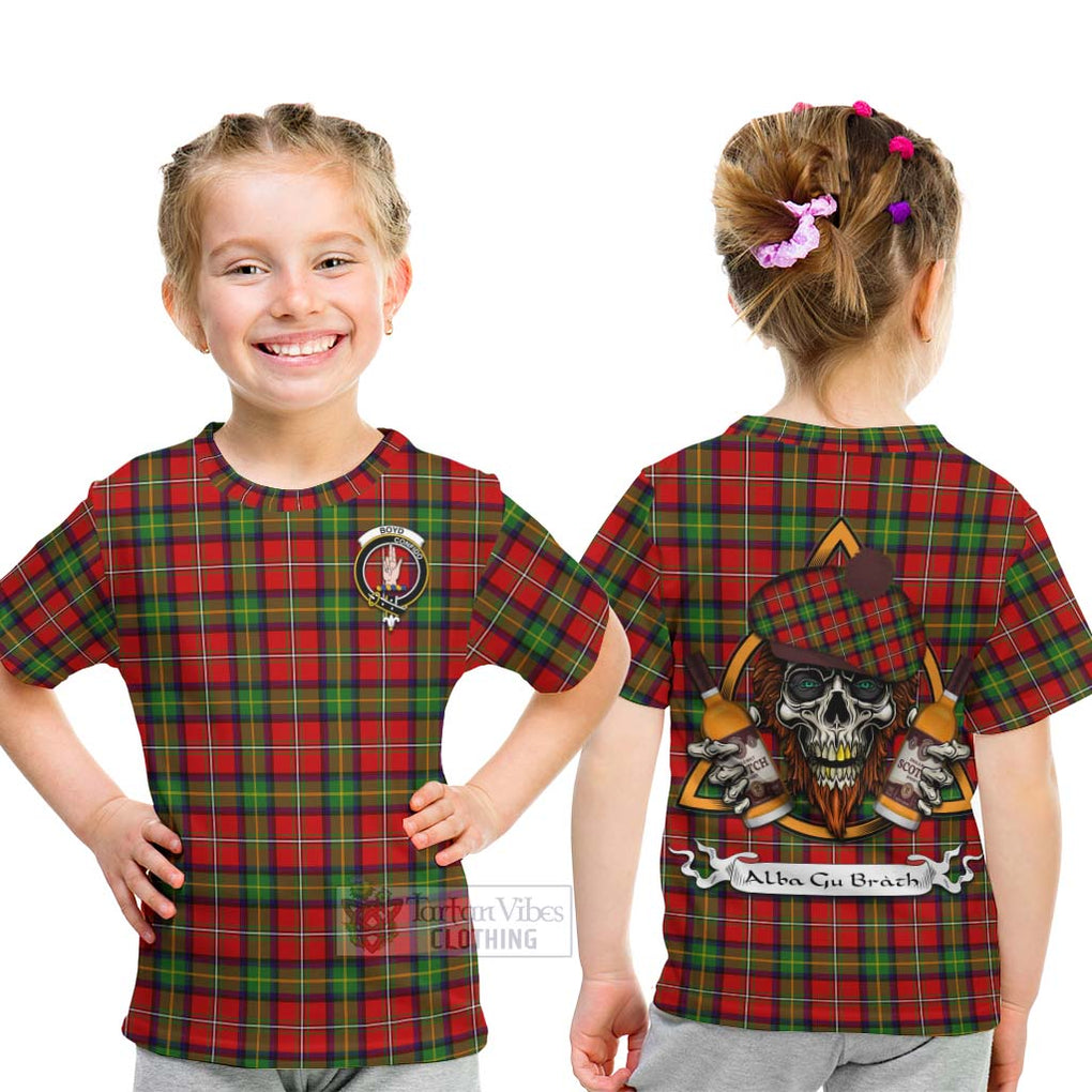 Tartan Vibes Clothing Boyd Tartan Kid T-Shirt with Family Crest and Bearded Skull Holding Bottles of Whiskey