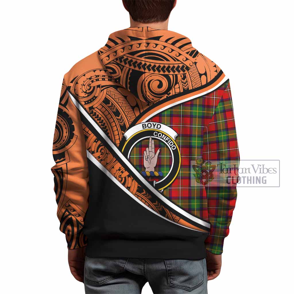 Tartan Vibes Clothing Boyd Crest Tartan Hoodie with Maori Tattoo Style - Orange Version