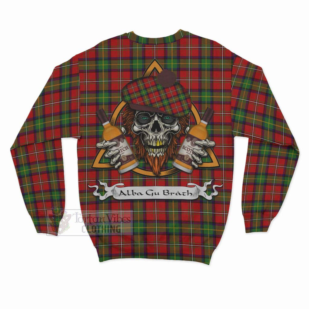 Tartan Vibes Clothing Boyd Tartan Sweatshirt with Family Crest and Bearded Skull Holding Bottles of Whiskey