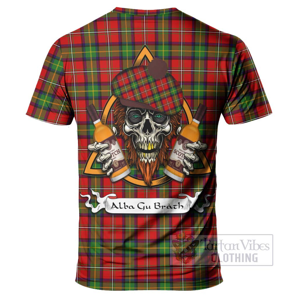 Tartan Vibes Clothing Boyd Tartan T-Shirt with Family Crest and Bearded Skull Holding Bottles of Whiskey