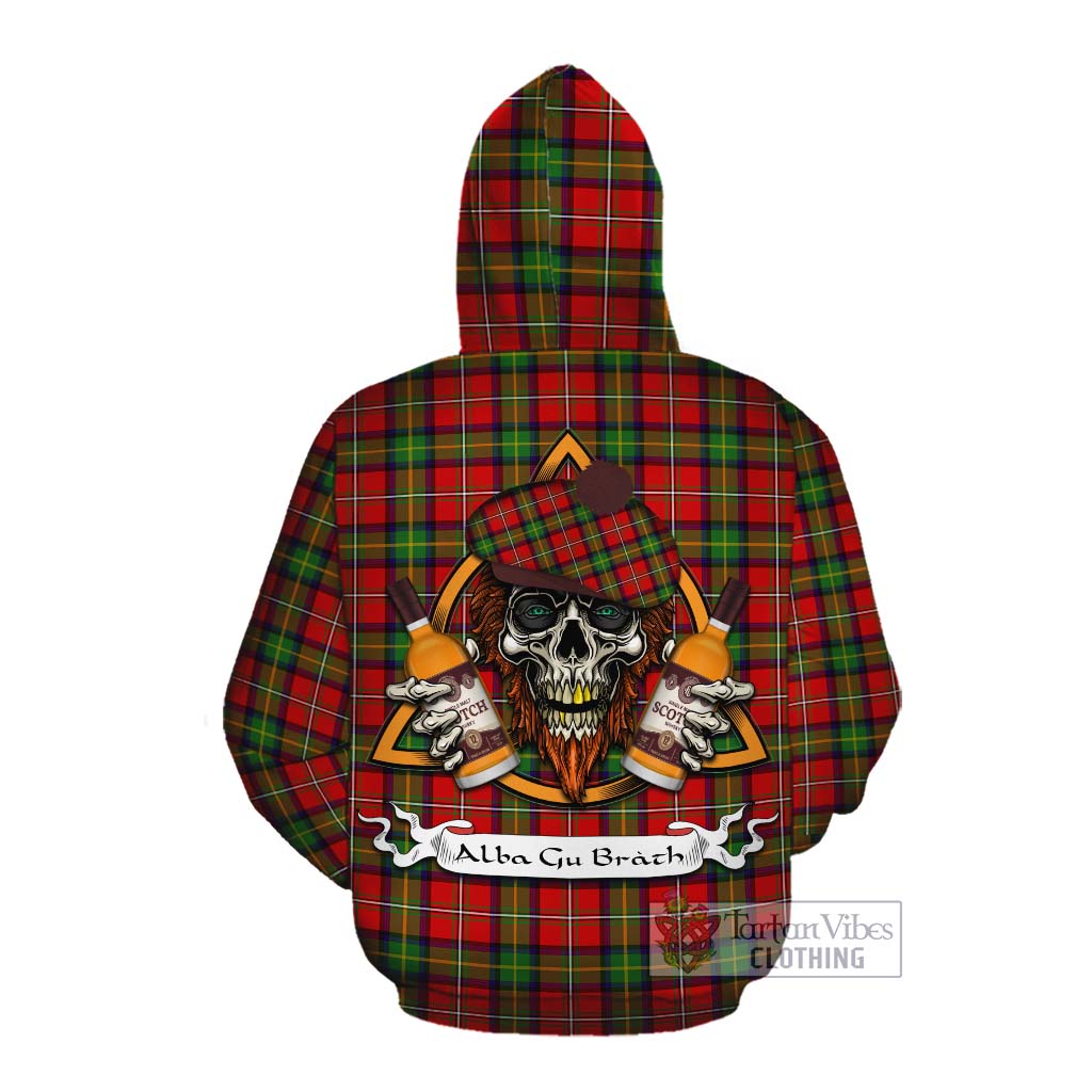 Tartan Vibes Clothing Boyd Tartan Cotton Hoodie with Family Crest and Bearded Skull Holding Bottles of Whiskey