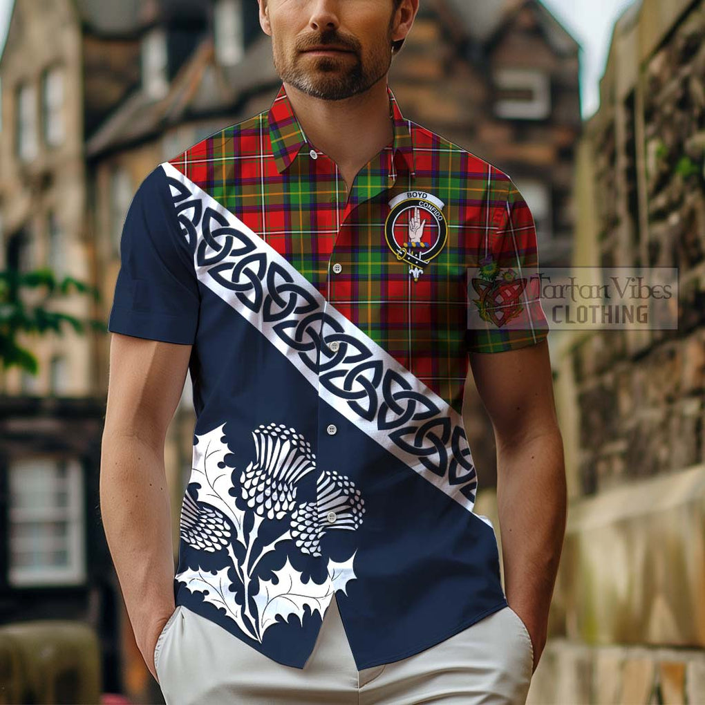 Tartan Vibes Clothing Boyd Tartan Short Sleeve Button Shirt Featuring Thistle and Scotland Map