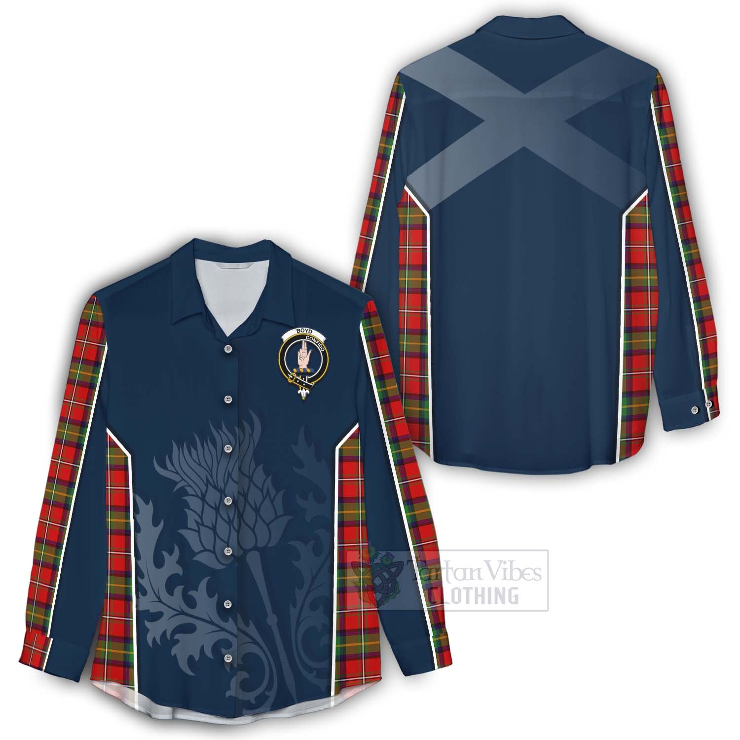 Tartan Vibes Clothing Boyd Tartan Women's Casual Shirt with Family Crest and Scottish Thistle Vibes Sport Style