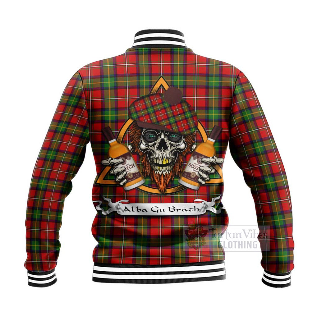 Tartan Vibes Clothing Boyd Tartan Baseball Jacket with Family Crest and Bearded Skull Holding Bottles of Whiskey