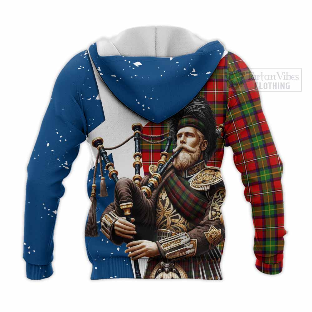 Tartan Vibes Clothing Boyd Tartan Knitted Hoodie with Family Crest Scottish Bagpiper Vibes