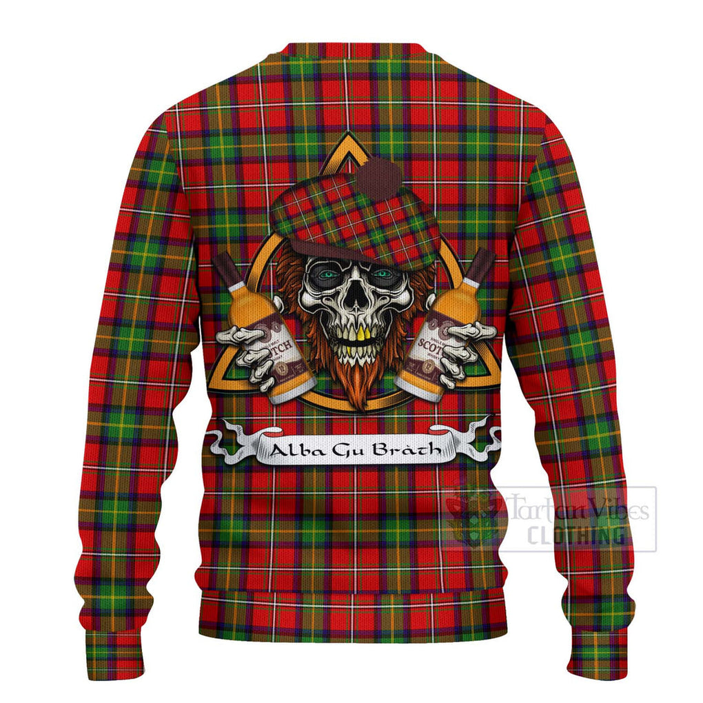 Tartan Vibes Clothing Boyd Tartan Knitted Sweater with Family Crest and Bearded Skull Holding Bottles of Whiskey