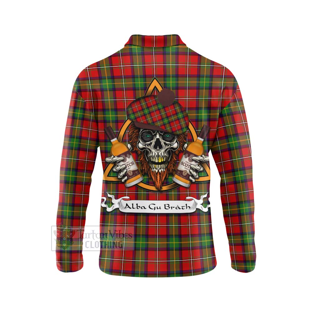 Tartan Vibes Clothing Boyd Tartan Long Sleeve Polo Shirt with Family Crest and Bearded Skull Holding Bottles of Whiskey