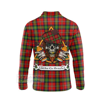 Boyd Tartan Long Sleeve Polo Shirt with Family Crest and Bearded Skull Holding Bottles of Whiskey