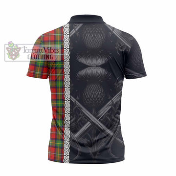 Boyd Tartan Zipper Polo Shirt with Family Crest Cross Sword Thistle Celtic Vibes