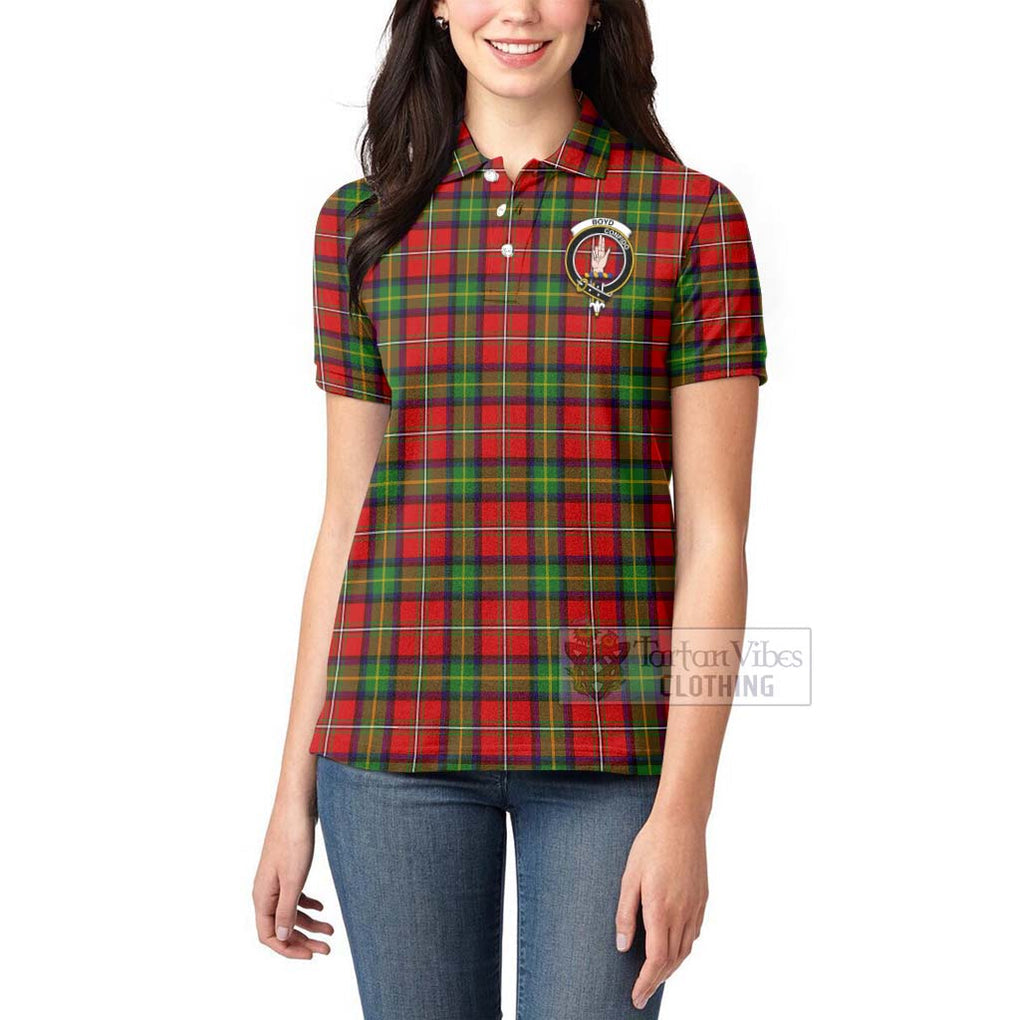 Tartan Vibes Clothing Boyd Tartan Women's Polo Shirt with Family Crest and Bearded Skull Holding Bottles of Whiskey