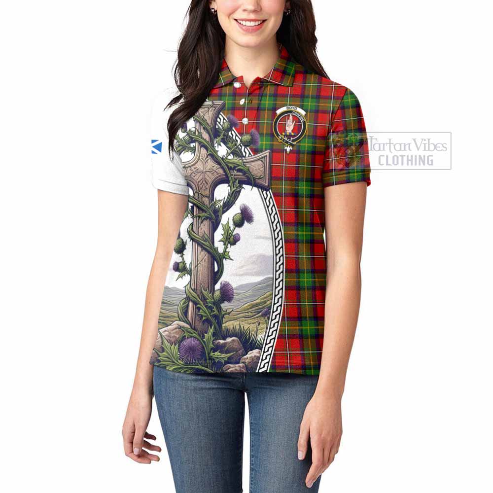 Tartan Vibes Clothing Boyd Tartan Women's Polo Shirt with Family Crest and St. Andrew's Cross Accented by Thistle Vines