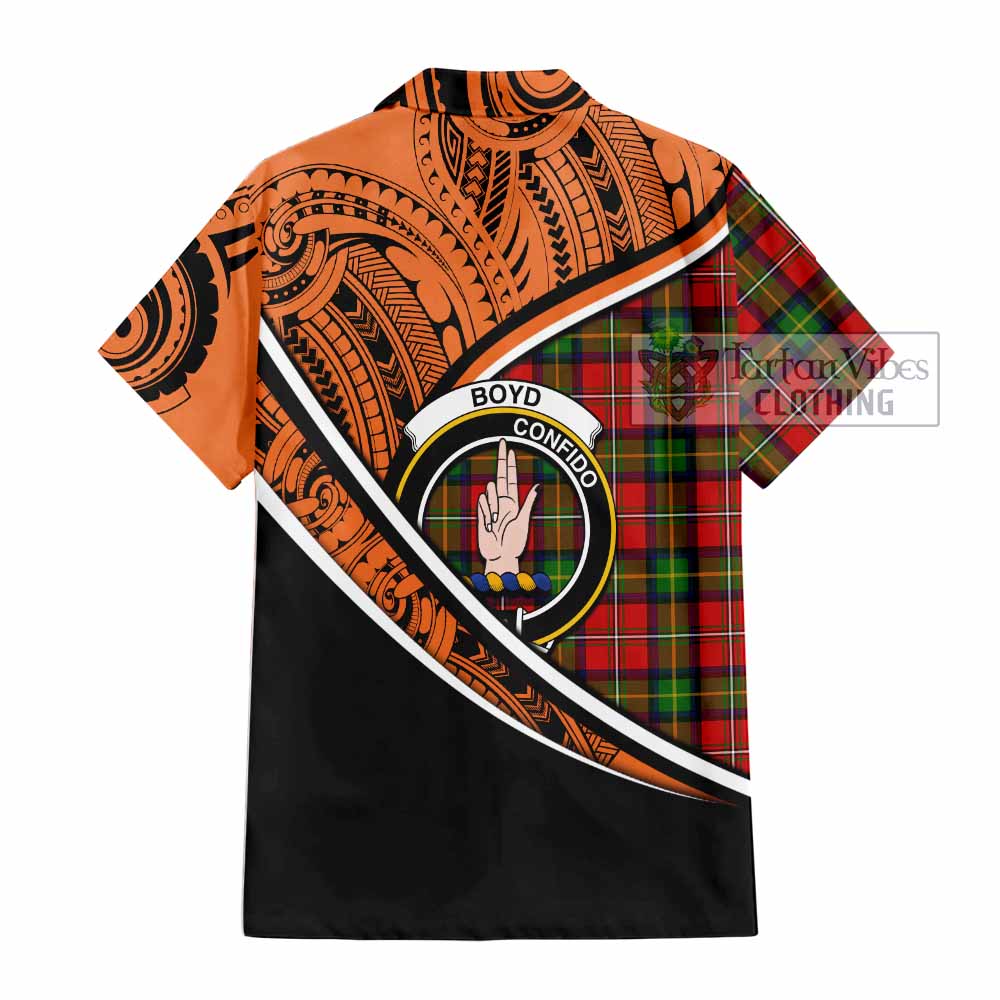 Tartan Vibes Clothing Boyd Crest Tartan Short Sleeve Button Shirt with Maori Tattoo Style - Orange Version