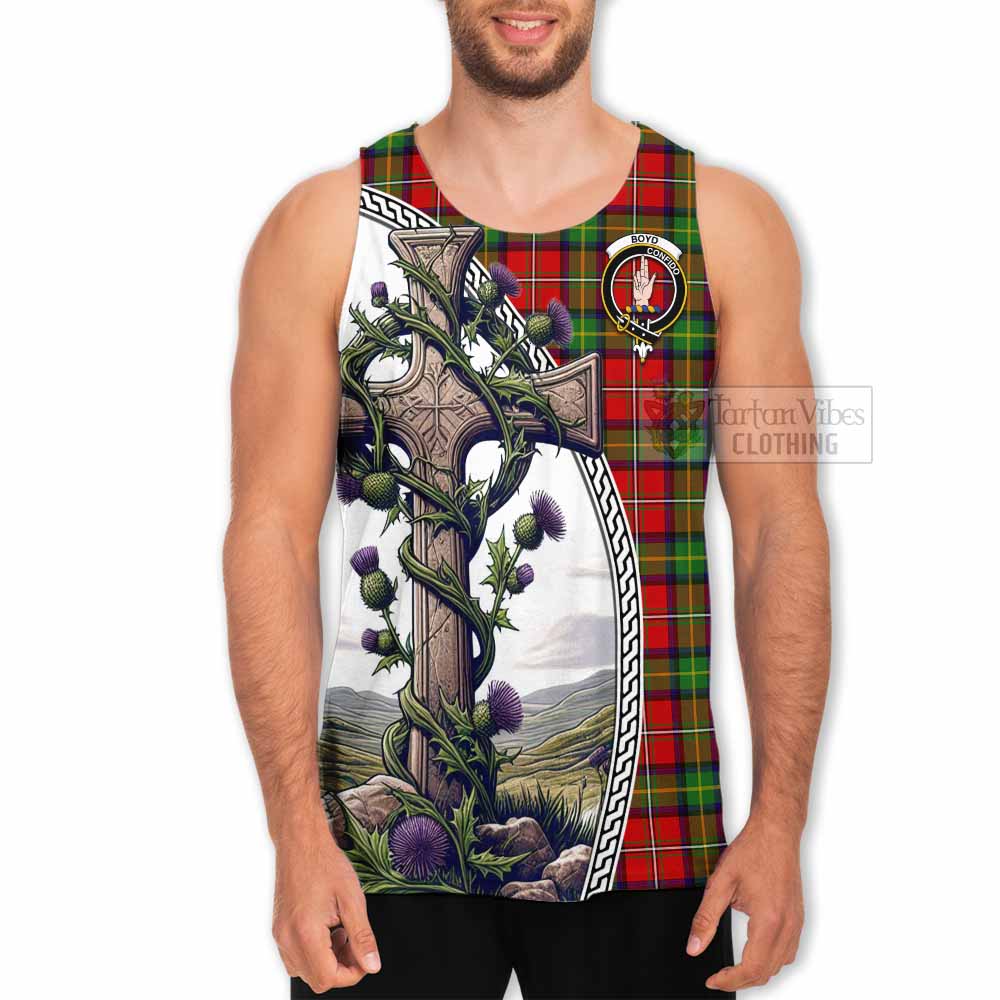 Tartan Vibes Clothing Boyd Tartan Men's Tank Top with Family Crest and St. Andrew's Cross Accented by Thistle Vines