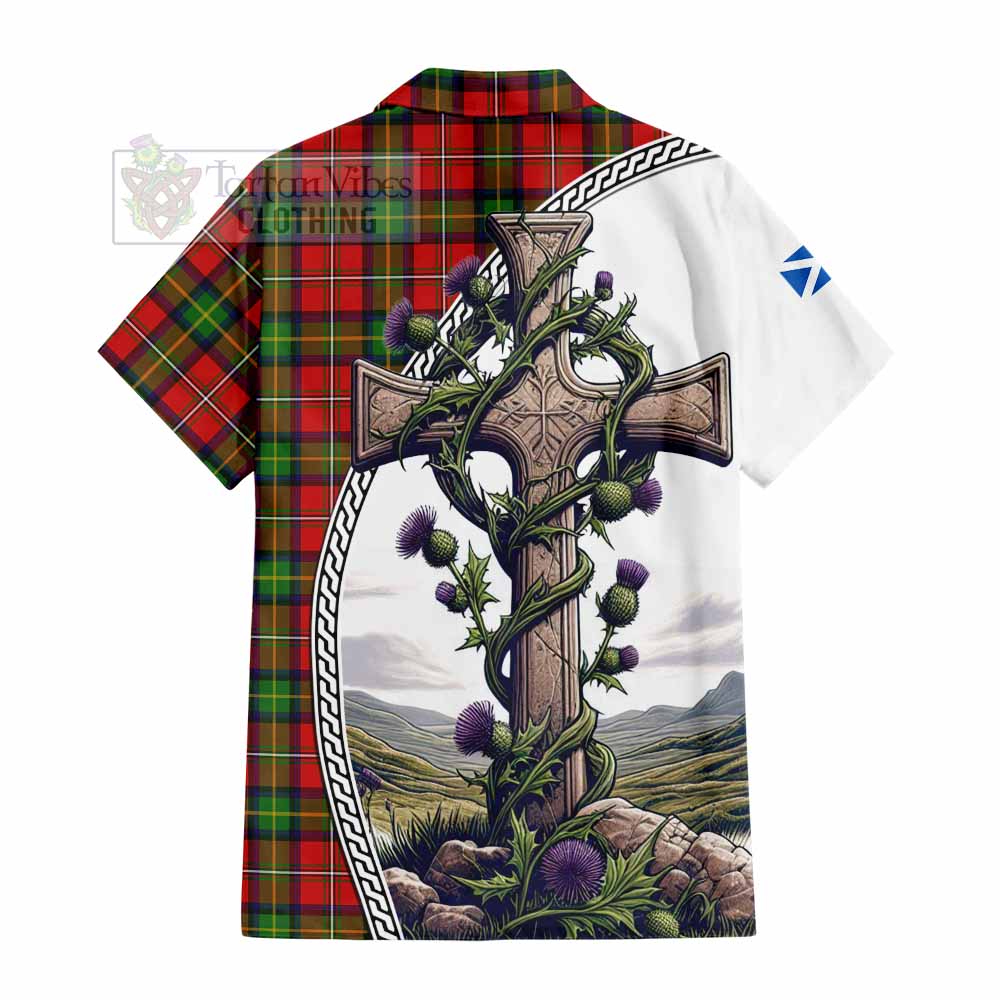 Tartan Vibes Clothing Boyd Tartan Short Sleeve Button Shirt with Family Crest and St. Andrew's Cross Accented by Thistle Vines