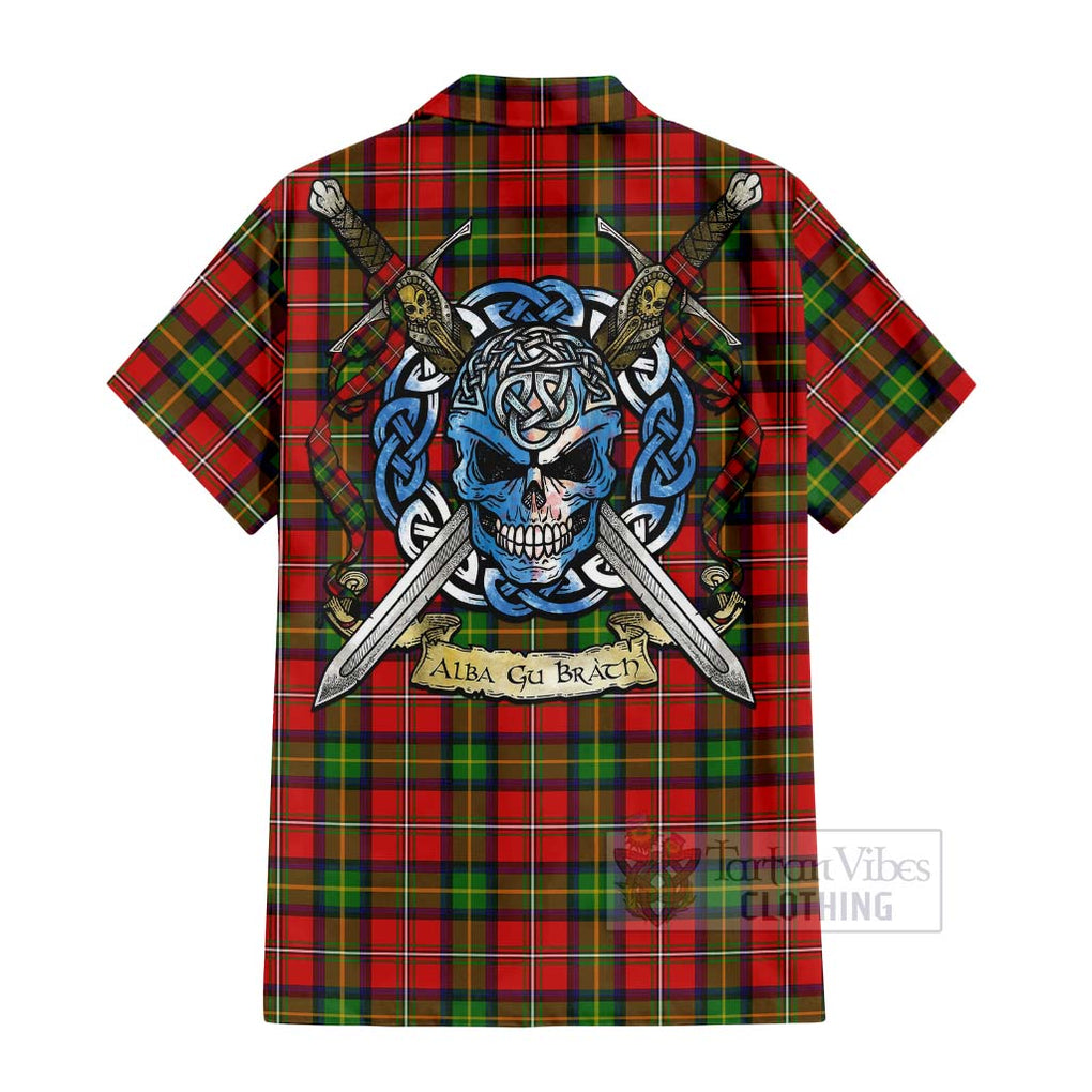 Tartan Vibes Clothing Boyd Tartan Short Sleeve Button Shirt with Family Crest Celtic Skull Style