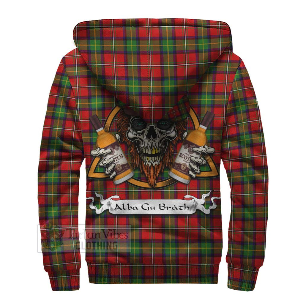 Tartan Vibes Clothing Boyd Tartan Sherpa Hoodie with Family Crest and Bearded Skull Holding Bottles of Whiskey