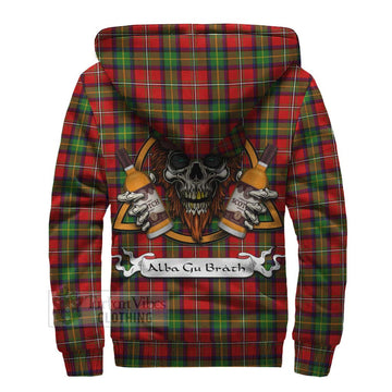 Boyd Tartan Sherpa Hoodie with Family Crest and Bearded Skull Holding Bottles of Whiskey