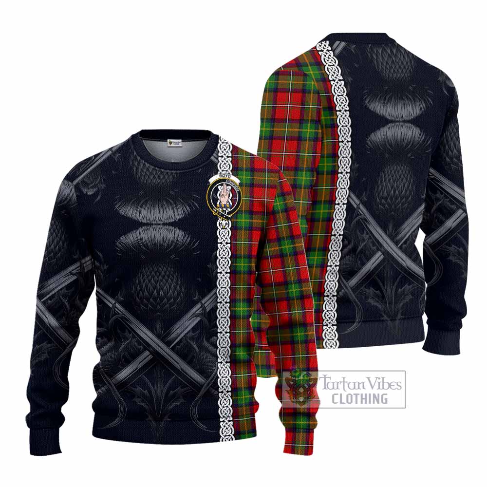 Boyd Tartan Knitted Sweater with Family Crest Cross Sword Thistle Celtic Vibes - Tartan Vibes Clothing