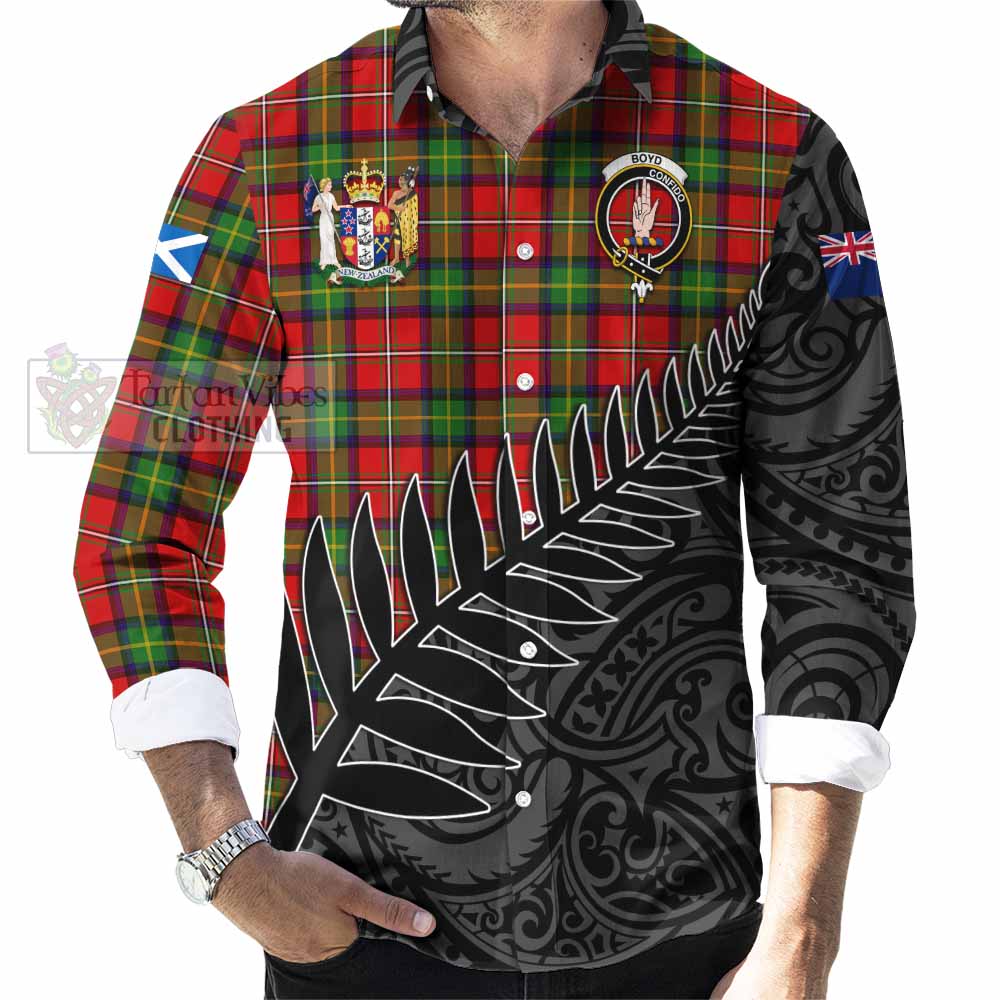 Tartan Vibes Clothing Boyd Crest Tartan Long Sleeve Button Shirt with New Zealand Silver Fern Half Style