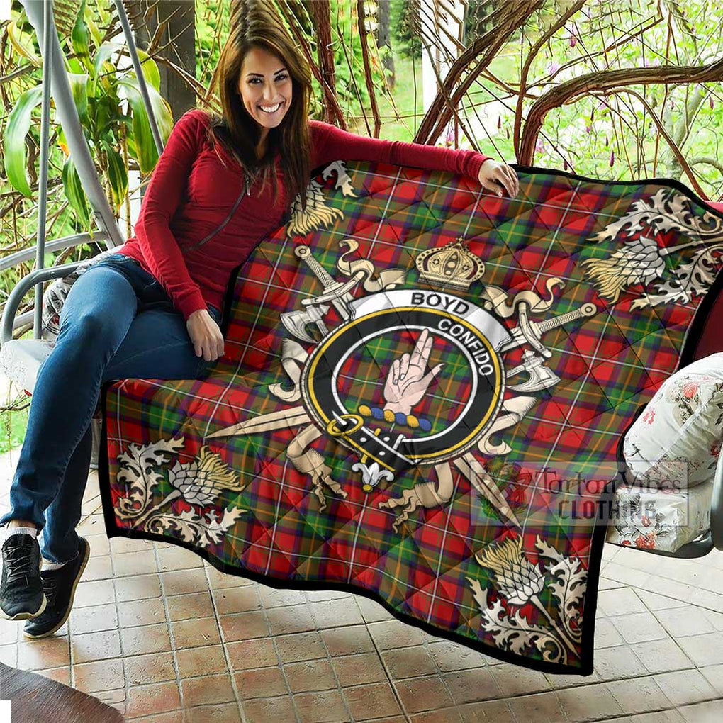 Tartan Vibes Clothing Boyd Tartan Quilt with Family Crest and Scottish Golden Courage Shield